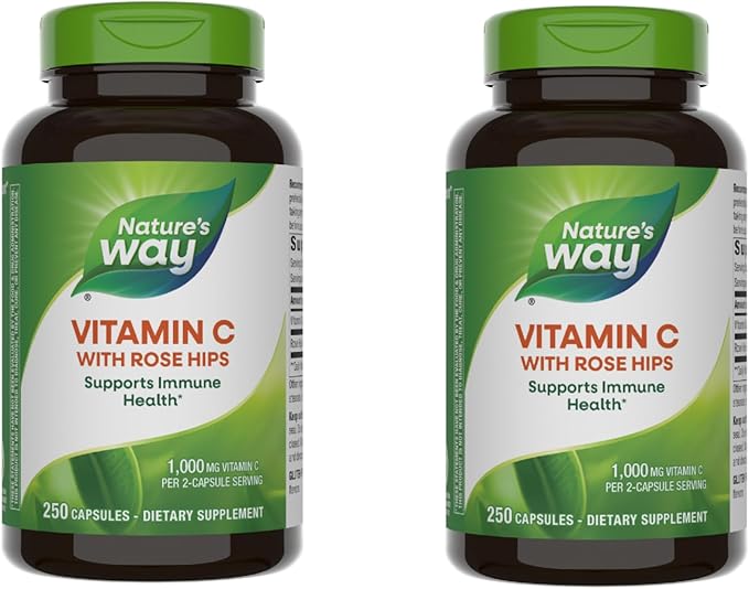 Nature's Way Vitamin C with Rose Hips, Antioxidant & Immune Function Support from vitamin C*, Promotes Collagen for Healthy Skin*, 1,000 mg per 2-Capsule Serving, 500 Capsules (Packaging May Vary)