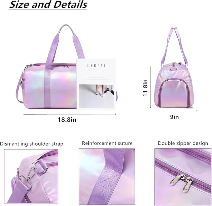 Girls Sports Duffel Bags Woman Travel Bag Overnight Duffle Bag Kids Sports Gym Bag With Shoe Compartment Wet Pocket (Matte Purple)