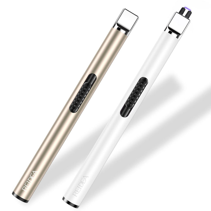 REIDEA Lighter S4 Electronic Candle Lighter USB Rechargeable with Security Lock, Windproof Fast Heat Sinking, Non-Slip Switch Electronic Lighter for Candle, Grill, Camping (Champagne Gold + White)
