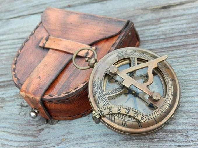 RII Antique Nautical Directional Magnetic Sundial Brass Compass, Antique Decor Birthday Gifts for Men, Astrolabe Gift for Him, Baptism Gifts with Engraved Quotes, Sun dial in Leather Case