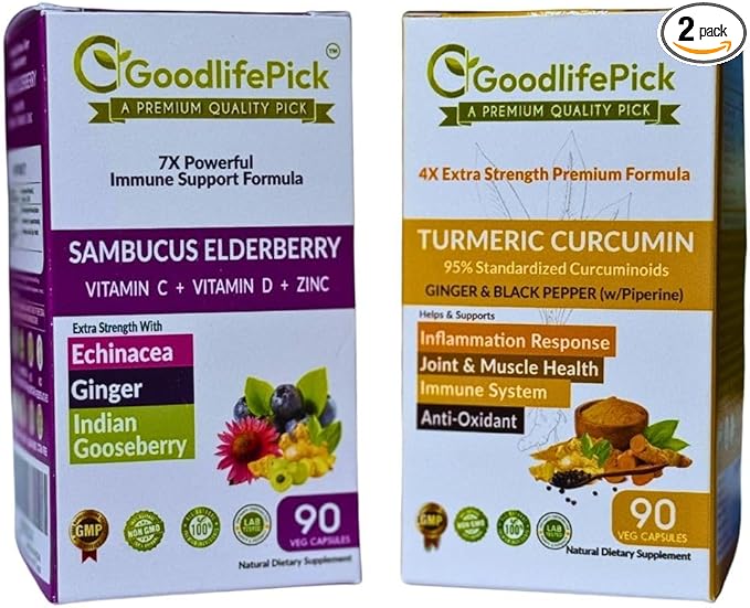 7 Ingredients Elderberry Blend & 4X Turmeric Curcumin Blend. Elderberry with ZINC Echinacea Vitamin C & D Turmeric with Ginger 95% Curcuminoids & Black Pepper 90+90 Capsules.All Natural Non-GMO