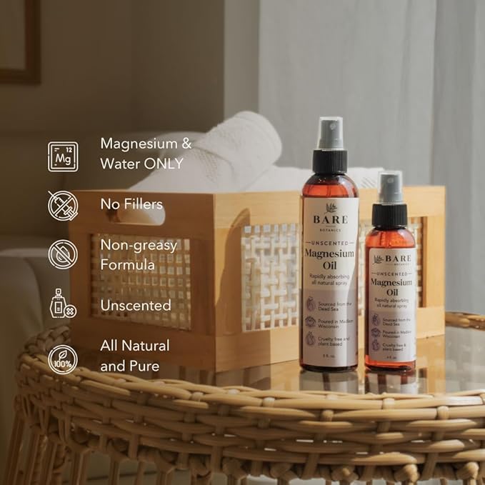Bare Botanics Unscented 4oz Pure Magnesium Oil Spray from The Dead Sea | Rapidly Absorbing | Handpoured in Madison, WI | Supports Sleep & Soothes Sore Muscles