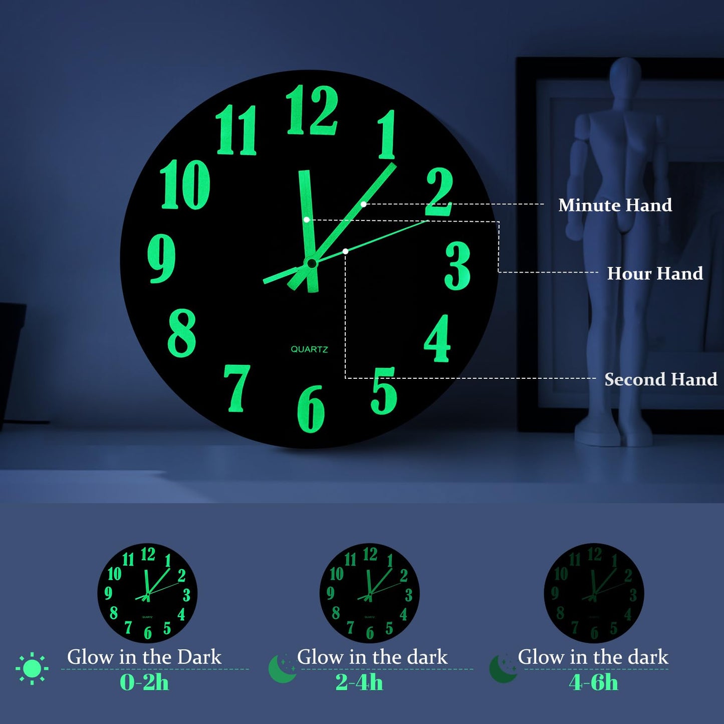 BTBHIHO 12''Luminous Wall Clock, Wooden Silent Wall Clocks Non Ticking, Battery Operated Glow in The Dark Clock, Home Wall Watch for Living Room Kitchen Decoration Bedroom Study Office