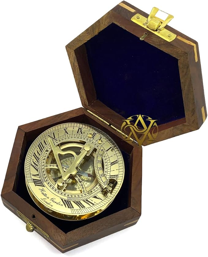 AV Nautical Sundial Brass Compass with Wooden Box - Gifts for Father/Brother/Sailor/Marine