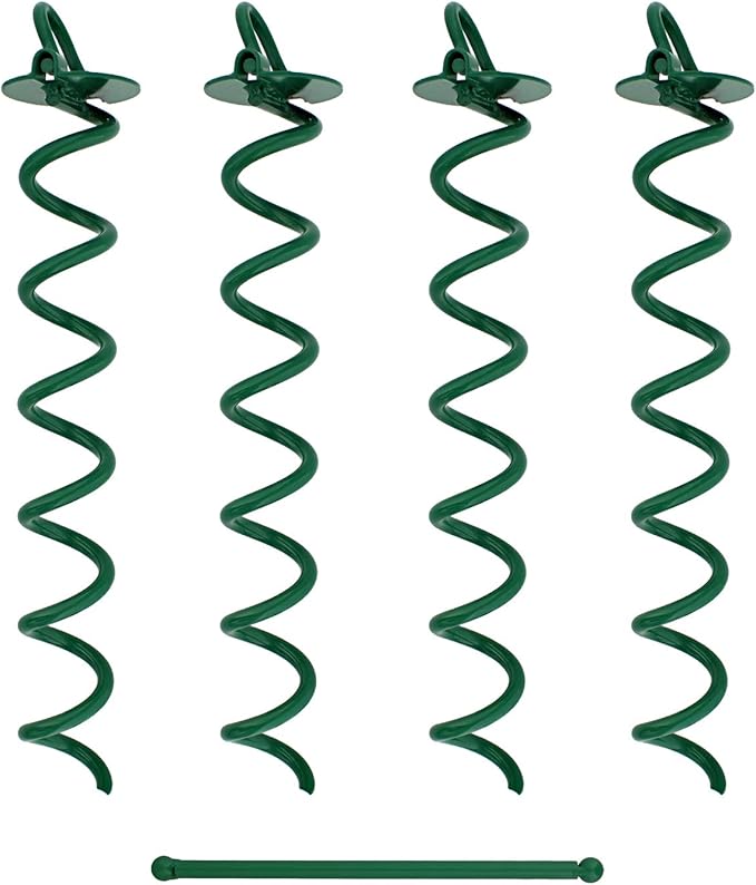 7Penn Ground Anchors Screw in 4 Pack - 16 Inch Green Spiral Dog Leash Ground Anchor Tie Down - Heavy Duty RV Canopy Stakes for High Wind Camping Tents with 475 lbs Pull Force