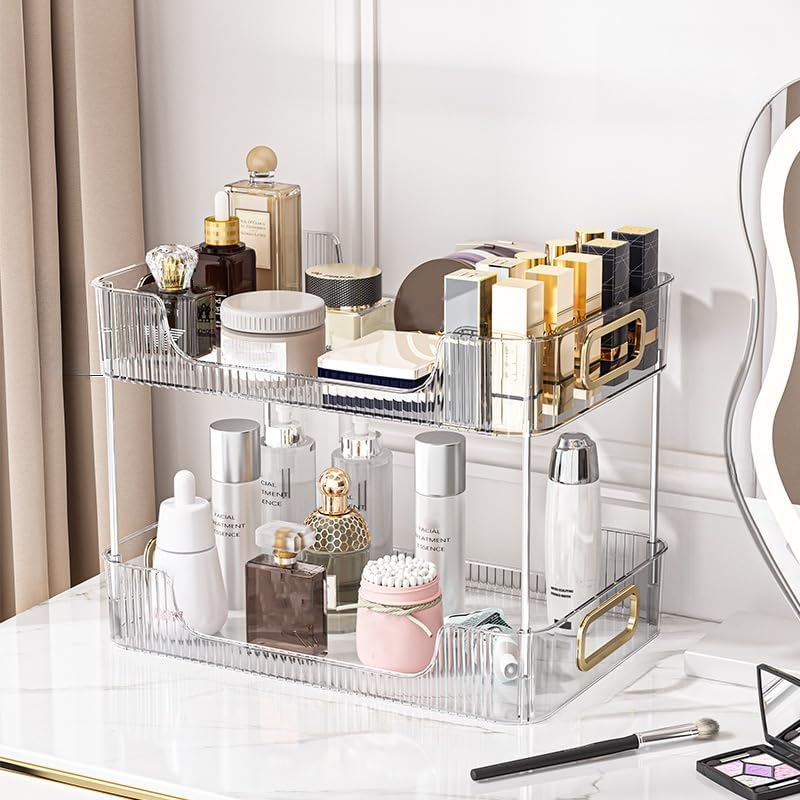 CESTATIVO Bathroom Counter Organiser, 2 Tier Vanity Tray, Cosmetic Makeup Storage Shelf, Bathroom Skincare Organiser Counter Shelf, Clear