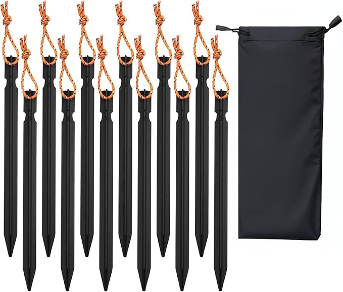 12 Pack Tent Stakes, 7-inch Ultralight Aluminum Ground Pegs with Reflective Pull Ropes, Tri-Beam Stakes in a Carrying Bag, for Camping, Backpacking, Hiking Tent, Hammocks and Canopy (Black)