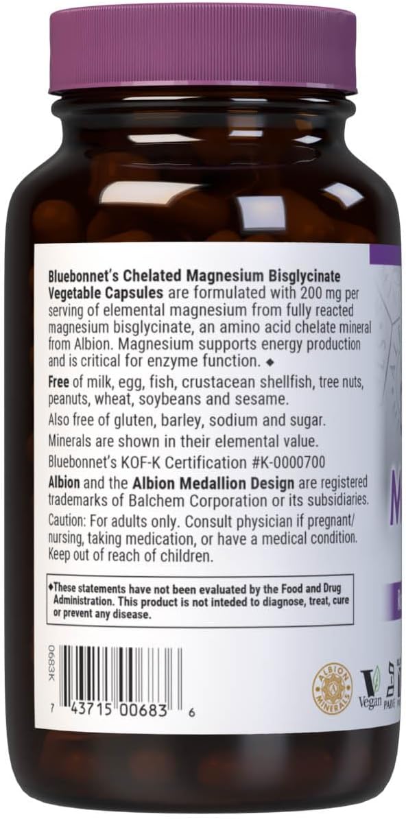 Bluebonnet Nutrition Albion Chelated Magnesium Vegetable Capsule, 200 mg, Stress Relief, Vegan, Non GMO, Gluten Free, Soy Free, Milk Free, Kosher, 120 Vegetable Capsule, 2 Month Supply