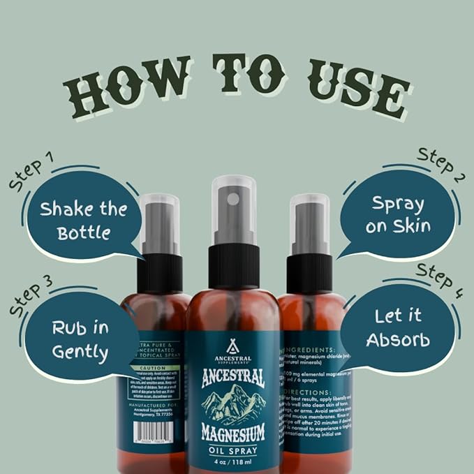 Ancestral Supplements Magnesium Spray, Magnesium for Sleep + Muscle Support, Made with Magnesium Chloride & Natural Minerals, Fast Absorbing Topical Magnesium Oil Supplement for Body Application, 4 oz