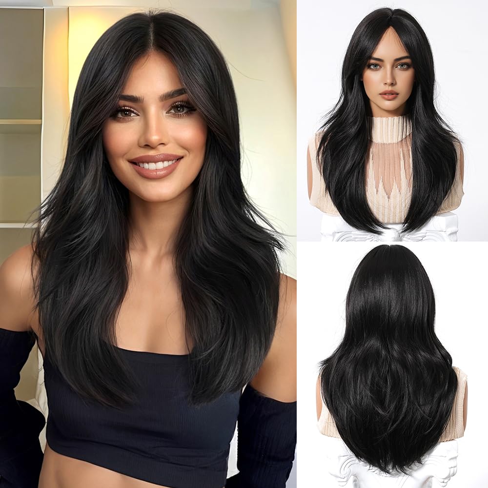 Esmee Long Straight Dark Brown Wig for Women with Curtain Bangs Natural Synthetic Hair Wigs for Daily Party Use 20 Inches