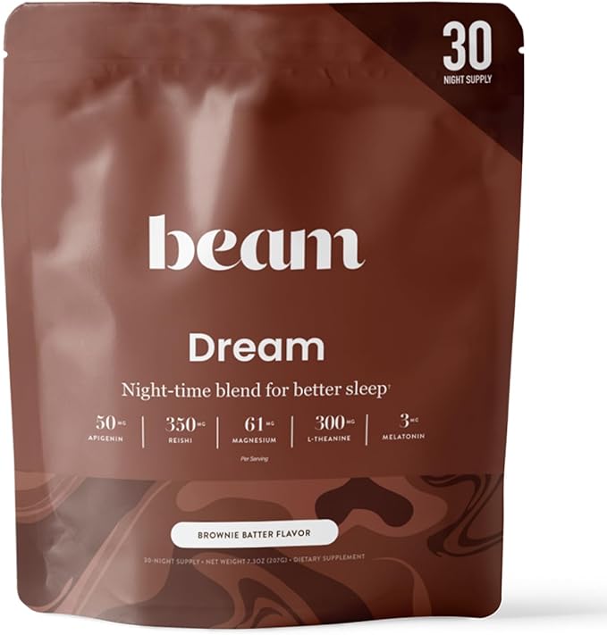 Beam Dream Sleep Powder, Natural Sleep Aid and Magnesium Hot Cocoa Drink for Adults, Calming Sleep Supplement with Apigenin, Nighttime Sleep Drink Powder, Third Party Tested Supplement, 30 Servings