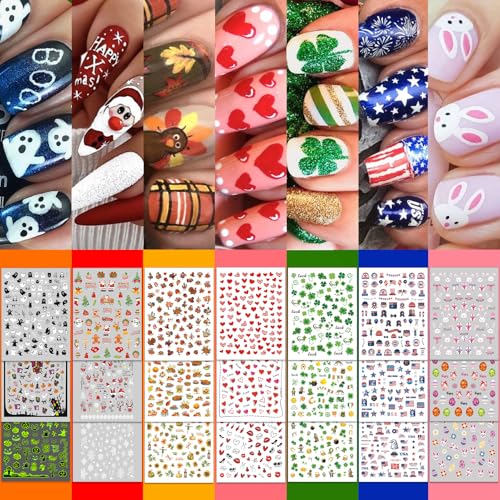 30 Sheets 7 Holiday Nail Art Stickers, Mixed Season Nail Decals Set for All Year, 3D Self-Adhesive Pegatinas Uñas Easter 4th of July Halloween Thanksgiving Christmas Valentine's St. Patrick's Day