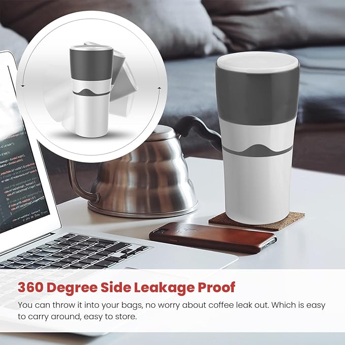 450ml Portable Drip Coffee Travel Mug, Side Leakage Proof Sharing Cup Lid Drip Coffee Machine with 3 Capsules for K Cup Capsules (Grey and White)