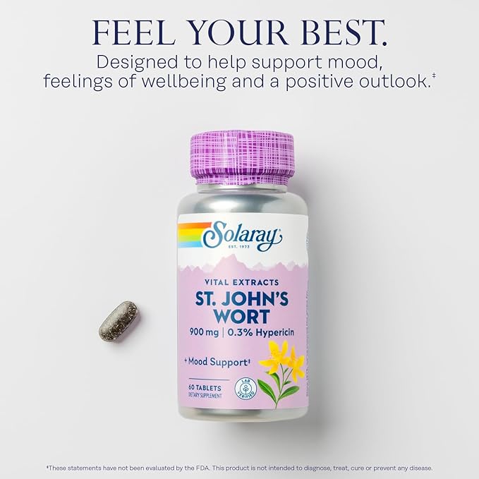 SOLARAY St. Johns Wort Aerial Extract One Daily 900mg, Standardized w/ 0.3% Hypericin for Mood Stability & Brain Health Support, Non-GMO |60 Servings | 60 Tablets