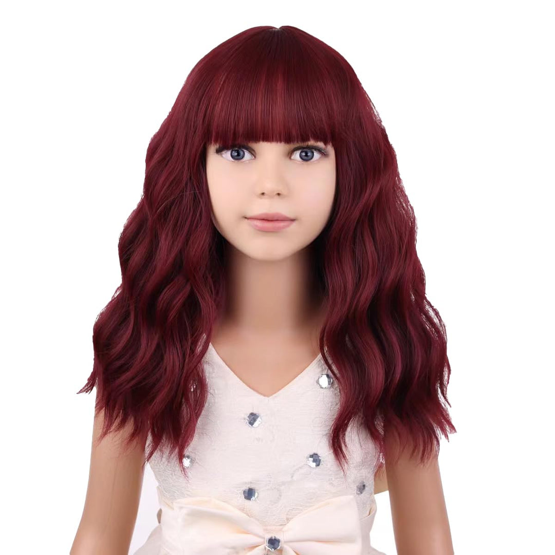 PATTNIUM Dark Red Wig Kids Child Wig Shoulder Length Wig Dark Red Wig with Bangs Curly Wine Red Wig for Girls Burgundy Wig Synthetic Hair Children Wig (Wine Red)