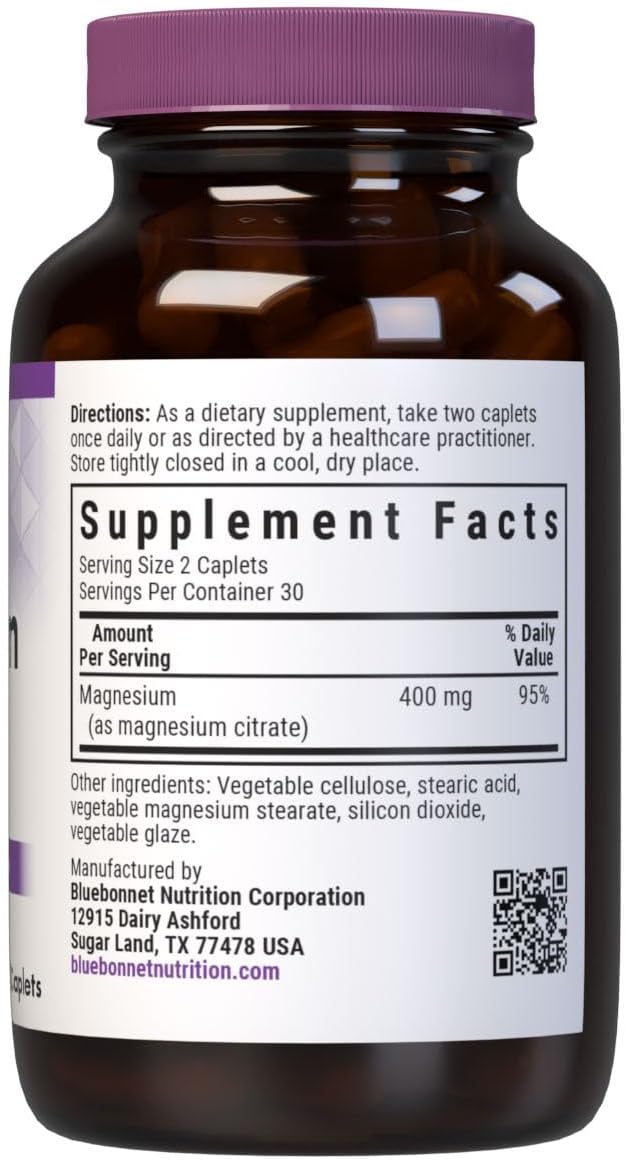 Bluebonnet Nutrition Magnesium Citrate (400mg of Magnesium)- Maximum Absorption - Supports Immune Health & Energy Production - Soyfree, Gluten-Free, Non-GMO, Kosher, Dairy Free, Vegan, 60 Caplets