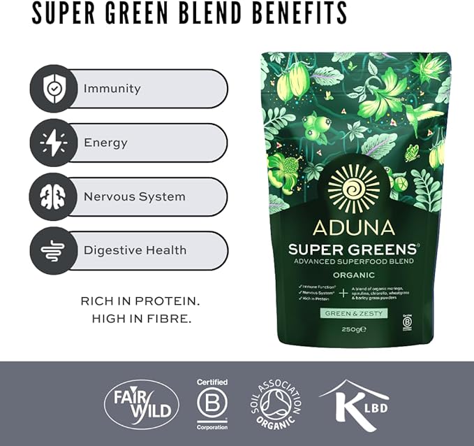 Aduna Advanced Superfood Super Greens Blend | 100% Organic Powder for Smoothies/Juices & Yoghurt | 250g Resealable and Recyclable Pack
