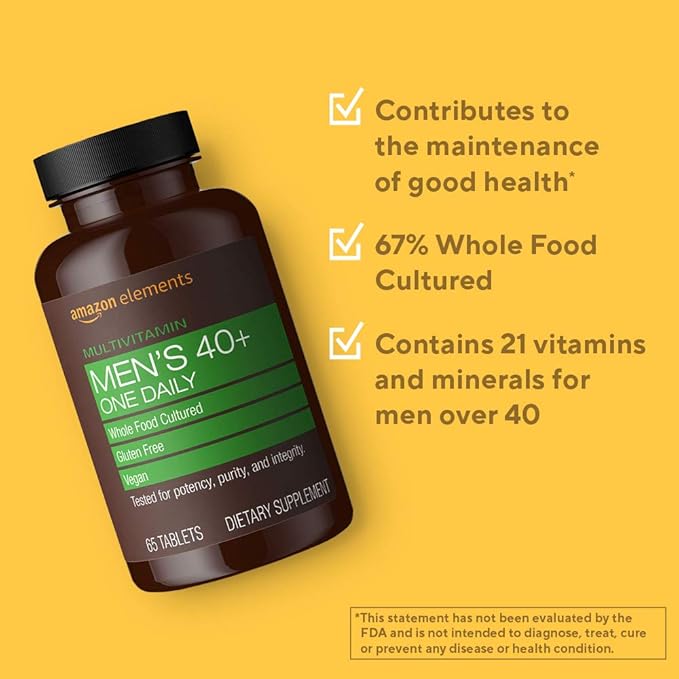 Amazon Elements Men's 40+ One Daily Multivitamin, Vegan, 65 Tablets, 2 Month Supply (Packaging May Vary) (Pack of 2)