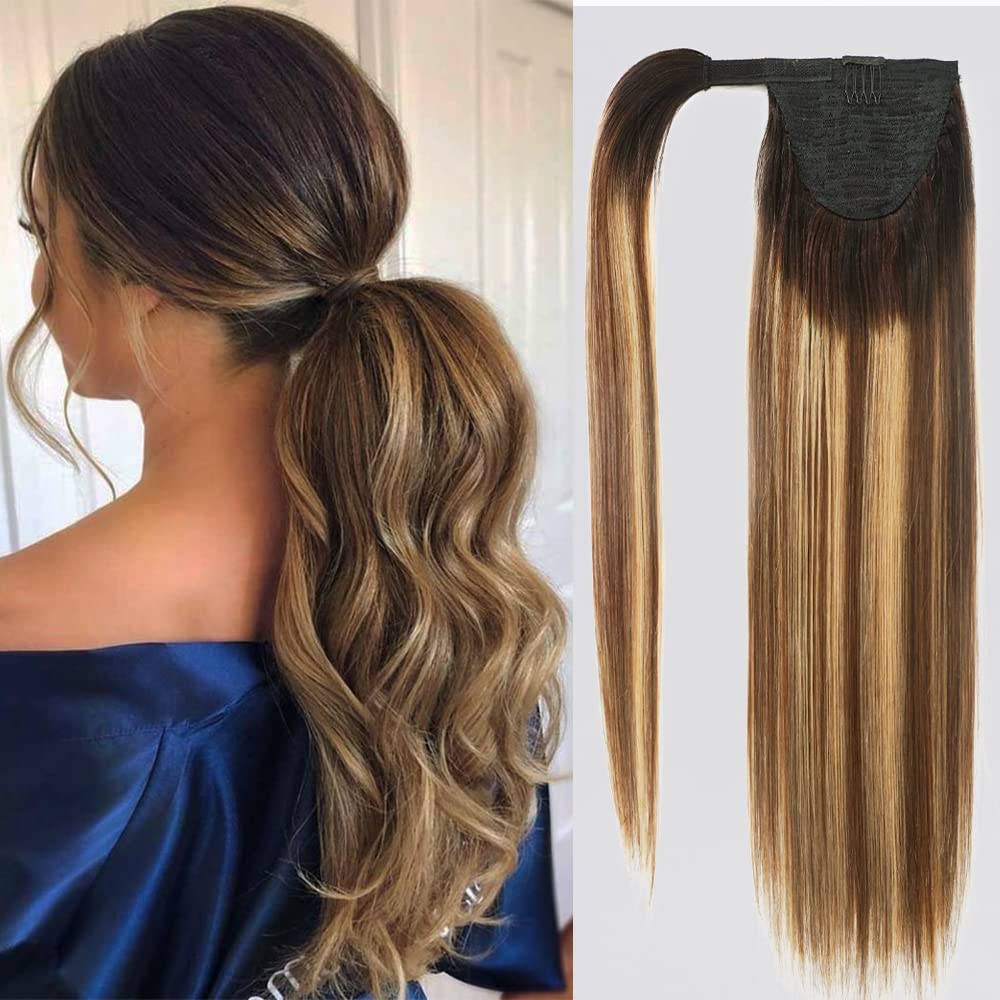 Star Show Ponytail Extension Pony Tails Hair Extensions Ponytail Extension Human Hair Hair Extensions Ponytail Long Straight Ponytail Extension Clip In Wrap Around Hair Black(22 Inch, Ombre T1B/4/27)