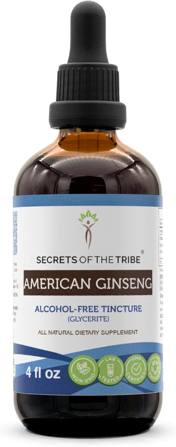 Secrets of the Tribe American Ginseng Tincture Alcohol-Free Extract, Farm Grown American Ginseng (Panax Quinquefolius) Dried Root Tincture Supplement (4 FL OZ)