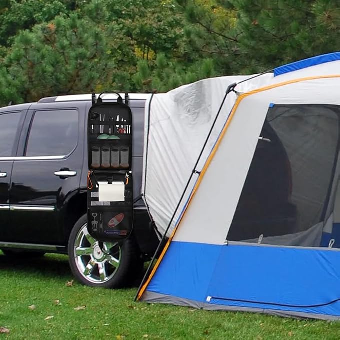 Camp Kitchen Organizer, High Capacity Camping Cooking Utensils Bag, with Hanging Hooks and Paper Towel Holder, Multi-pocket Waterproof Portable Storage for BBQ Outdoor Cooking Essentials