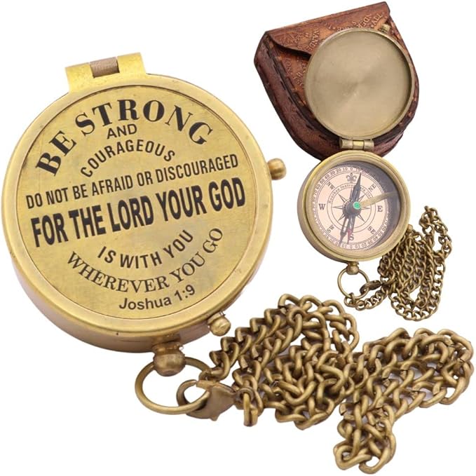 Be Strong And Courageous, Joshua 1:9, Solid Brass Directional Engraved Compass, Baptism Gifts for Boys Girls, First Communion, Christian Gifts for Men, First Confirmation Gifts for Boys Catholic Gifts
