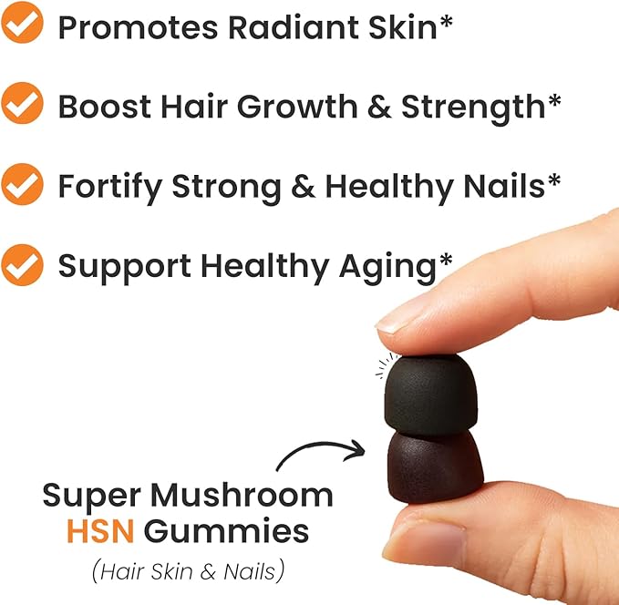 Auri Super Mushroom HSN Gummies - Hair Skin and Nails Gummies Functional Mushrooms Supplement - with Wild Chaga, Chlorophyll, Lutein and Astaxanthin - 60 Orange Citrus Gummies