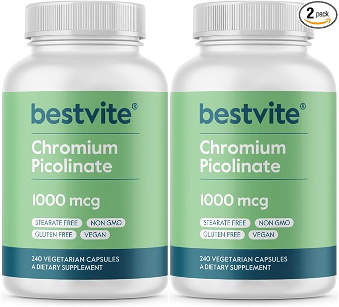 BESTVITE Chromium Picolinate 1000mcg (480 Vegetarian Capsules) (240 x 2) - No Stearates - No Dicalcium Phosphate - Vegan - Gluten Free - Non-GMO
