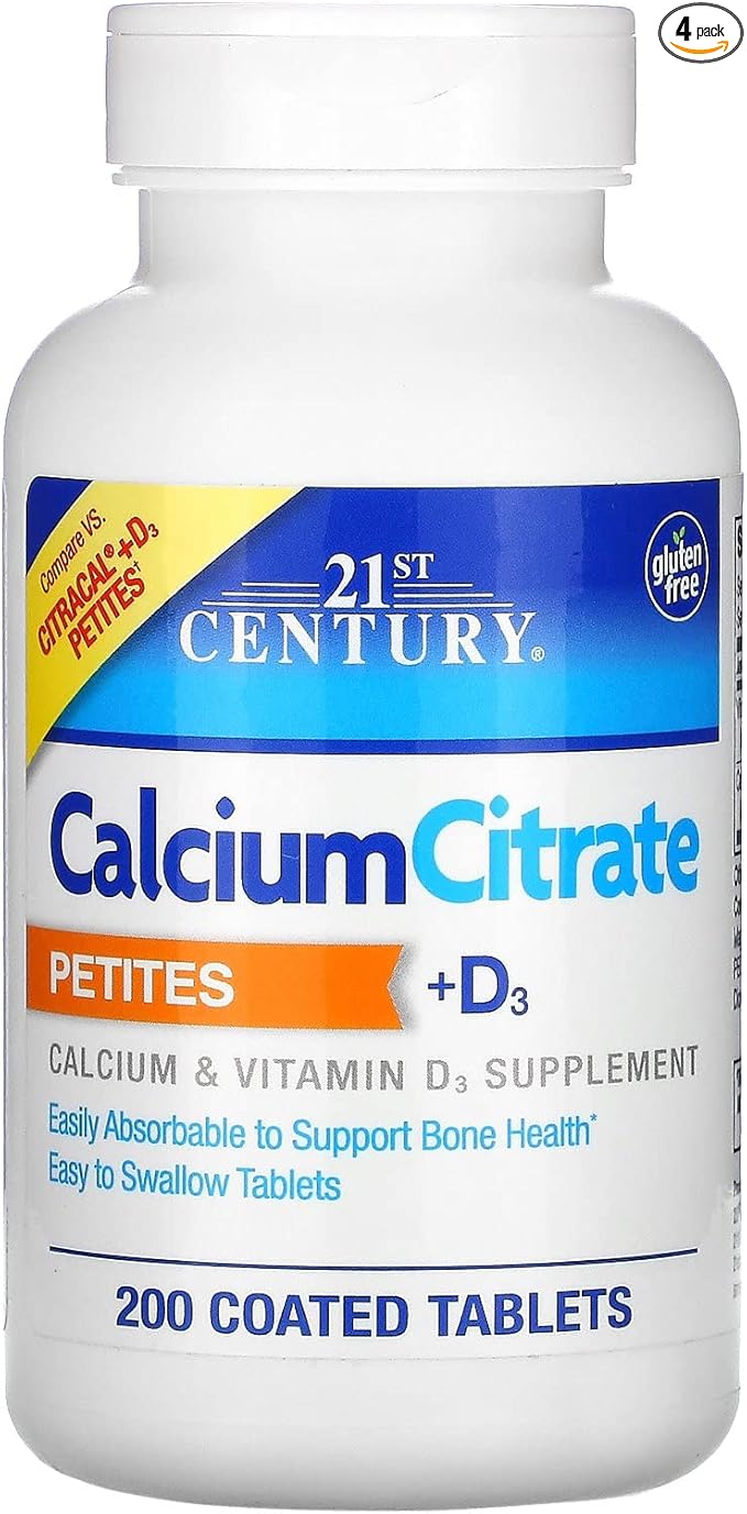 21st Century Calcium Citrate Petites + D3 Coated Tablets - 200 Tablets, Pack of 4