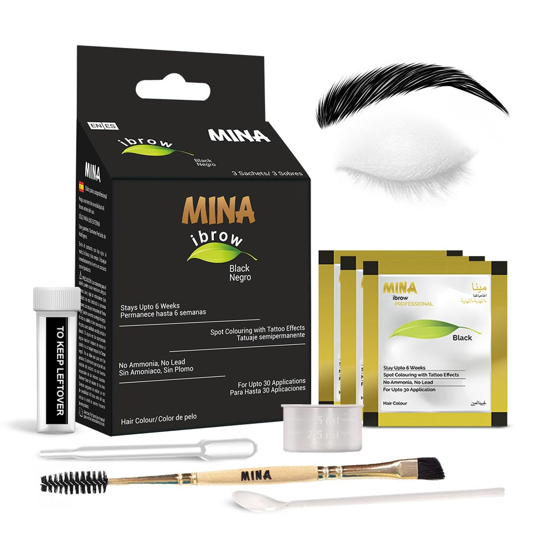 MinaiBrow Black Tinting Kit | Natural Spot Coloring Powder with Duo Angled Brush, Water & Smudge Proof Instant Brow Dye for 100% Gray Coverage