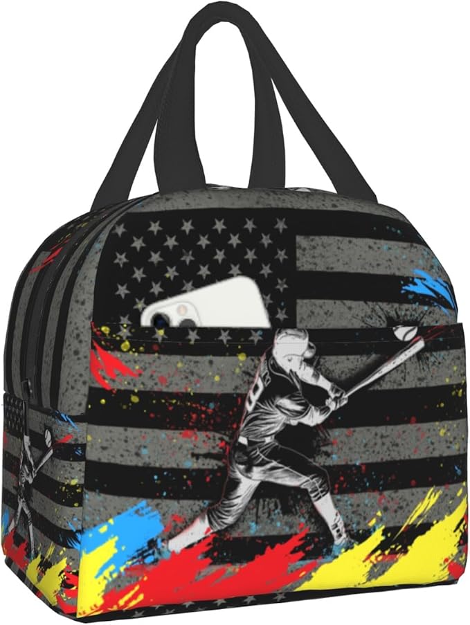 Baseball Player Lunch Bag for Sports Boys American Flag Reusable Insulated Lunch Tote Lunch Box Black Cooler Thermal Lunch Tote Bag for School Work Picnic