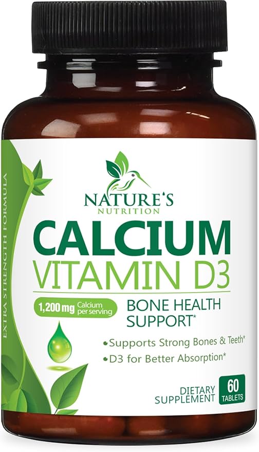 Calcium Supplement with Vitamin D - 1200 mg Calcium Carbonate with 1600 IU of D3 Vitamins - Supports Bone Strength, Teeth & Immune System - Natural & Easily Absorbable for Women & Men - 60 Tablets