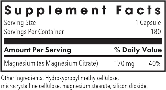 Allergy Research Group Magnesium Citrate Dietary Supplement - Bone & Stress Support, Well-Absorbed, Hypoallergenic, Vegetarian Capsules, Gluten Free - 180 Count