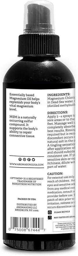 Aromasong Extra Strength Ultra-Pure Magnesium Spray + OptiMSM (23mg Magnesium in Each Spray) 8 Oz, Known to be Used for Leg Discomfort and Promotes Calm Sleep…