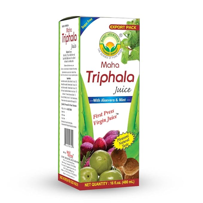 Basic Ayurveda Maha Triphala Juice with Aloe Vera & Mint | First Press Virgin Juice | Natural Herbal Beverage | Sugar Free | Pleasant Taste | 16.23 Fl Oz (480ml)