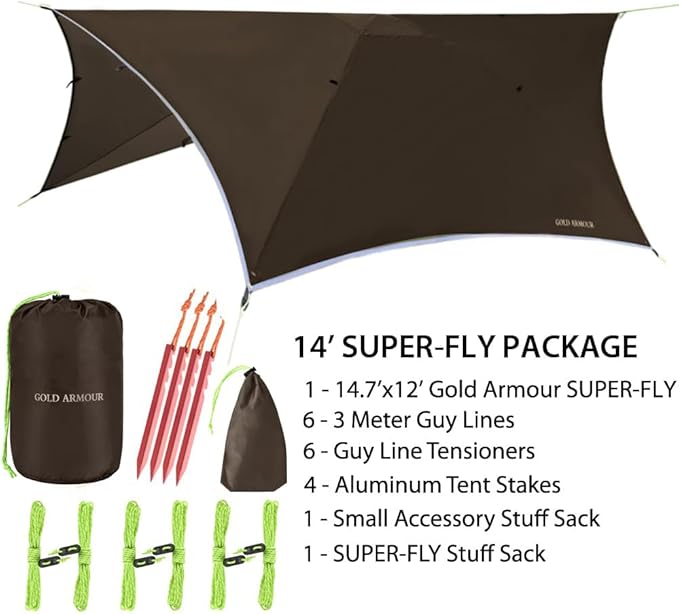 Gold Armour Rainfly Tarp for Hammock and for Tent, Camping Essentials Rain Fly Cover, Waterproof Lightweight Camping Accessories, Survival Camping Gear Camping Tent Accessories (Brown)