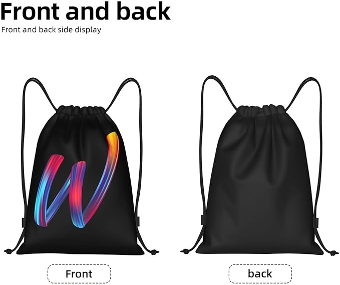 Drawstring Bags Initial Drawstring Backpack Sackpack Black Draw String Cinch Bags for Sports, Gym, Travel, Swimming, Beach, Camping, Rainbow Letter W