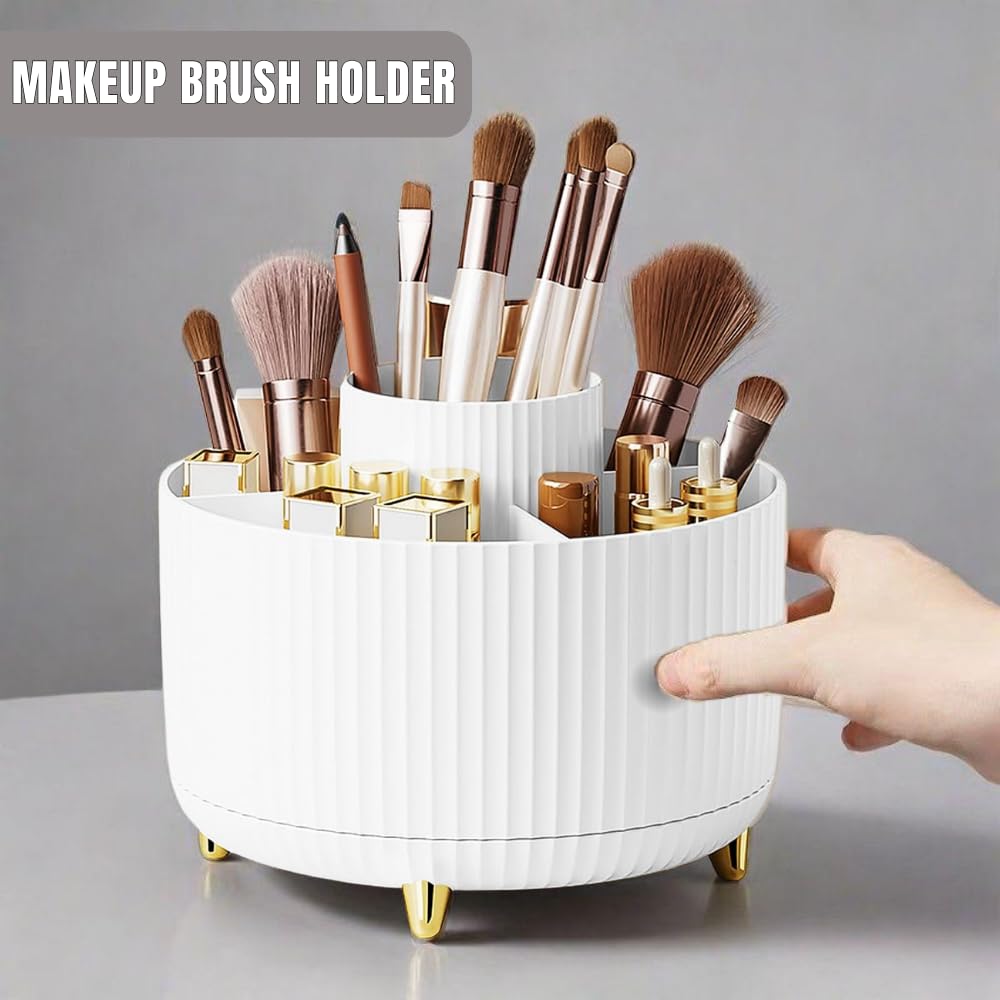 360° Rotating Makeup Organiser with 5 Compartments – Multi-Use Cosmetic Brush Holder and Desk Storage Container for Makeup, Jewelry, Stationery – Anti-Slip Base, Durable Design for Bedroom, (White)