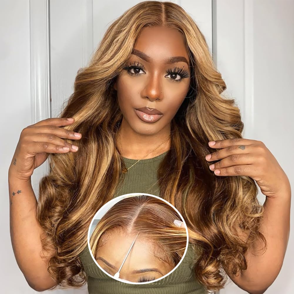 Hedy #4/27 Ombre Highlight Wear and Go Glueless Wigs Human Hair Pre Plucked Pre Cut 8x5 HD Lace No Glue Body Wave Lace Front Wigs Human Hair Glueless with Natural Hairline 180% Density 24 Inch