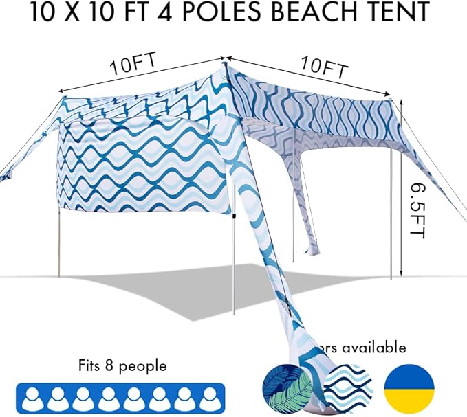 Beach Canopy Tent Shade with Sidewalls 10x10FT, 6.6FT Tall, UPF50+ Sun Shelter, Windproof & Water Resistant, Includes Guylines Sand Shovel Stability Poles, Easy Up for Beach Outdoor Camping Backyard