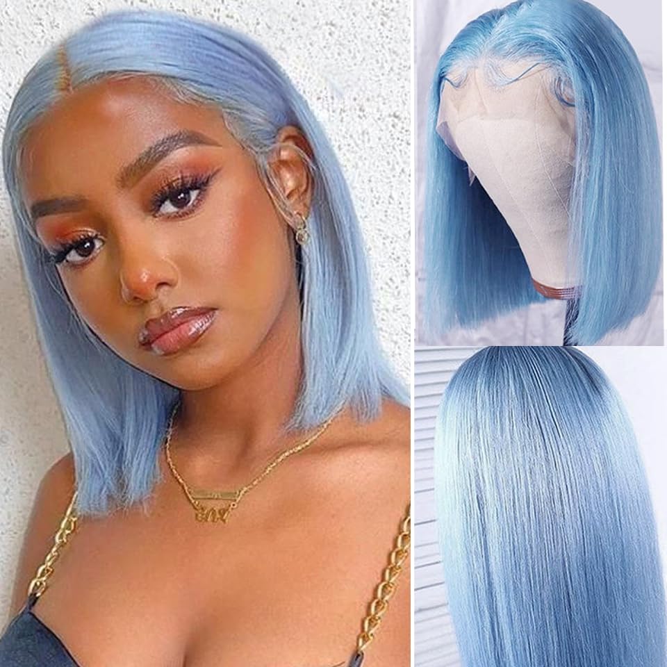Cheap 13X4 Hd Transparent Pre Plucked Blunt Cut Sky Blue Bob Wig Human Hair Lace Front Wigs With Baby Hair Natural Hairline 100%