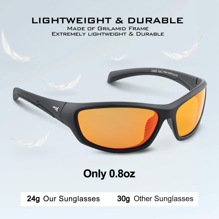 KastKing Hiwassee Polarized Sport Sunglasses for Men and Women, Matte Black Frame,Amber Base Scarlet Mirror