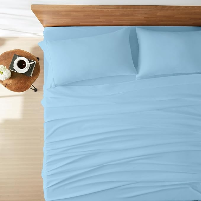 Cotton Blend 4-Piece Bed Sheets Set Queen Size, Light Blue Queen Sheets, Long-Staple Cotton Bed Sheets for Bed, Soft & Silky Sateen Weave 15-Inch Elasticized Deep Pocket (Queen,Light Blue)