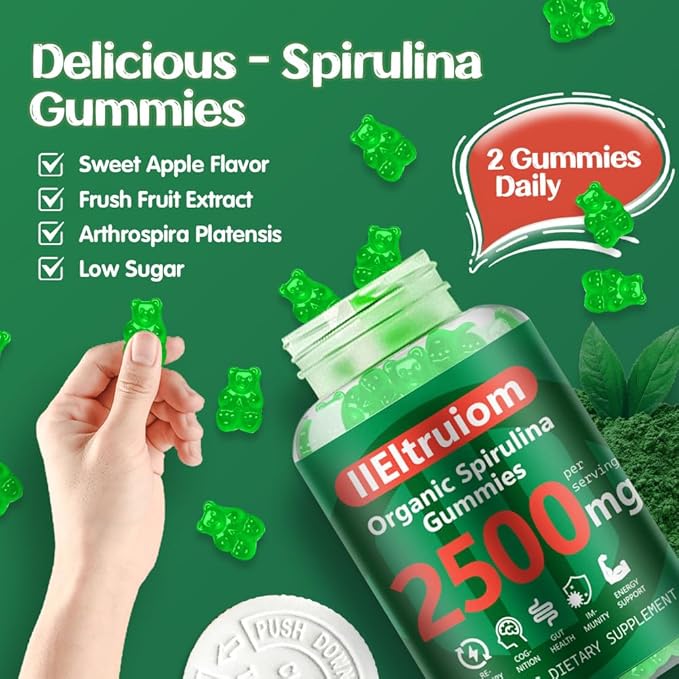 Spirulina Gummies, Organic Spirulina 2500mg Enhanced Daily Energy - Your Daily Super Greens with Sea Moss, Chlorophyll, GLA, Non-GMO, Gluten Free, 60 Vegan Gummies