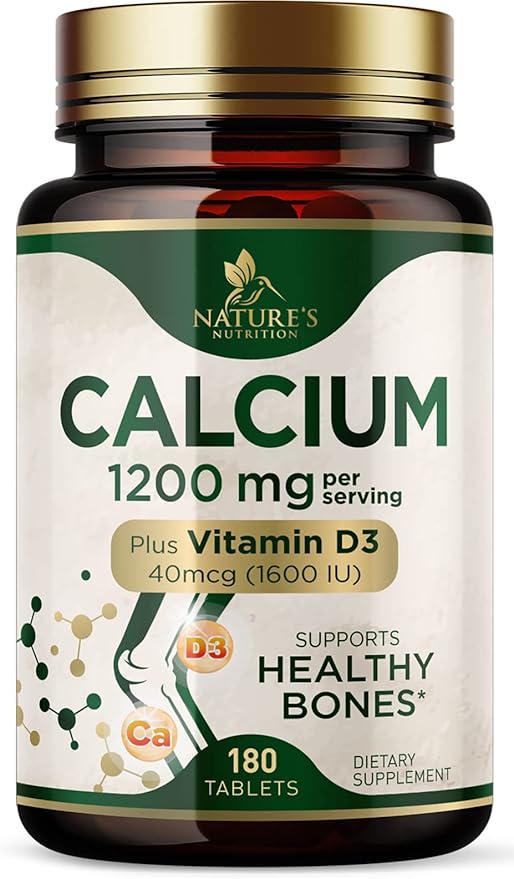Calcium 1200 mg with Vitamin D3, Calcium Supplement Vitamins, Supports Bone Strength, Teeth & Immune System, Calcium Supplements for Women & Men, Nature's Absorbable Calcium Carbonate - 180 Tablets