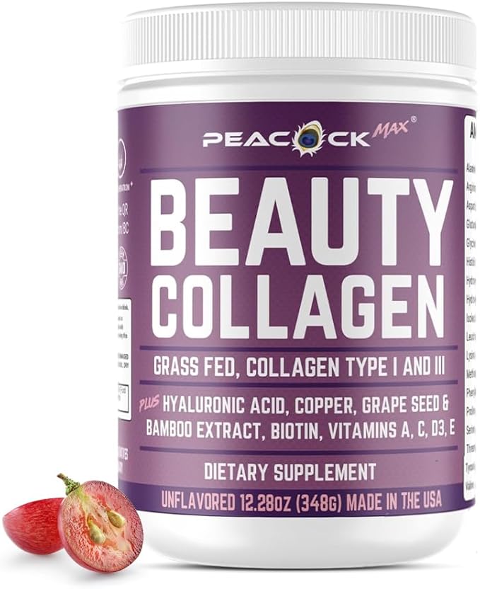 Beauty Collagen Peptides for Women 12.28 oz – Hydrolyzed Collagen Peptides Type I & III Protein Powder with Hyaluronic Acid, Grass Fed Collagen, Biotin, Grape Seed Extract, Multivitamins