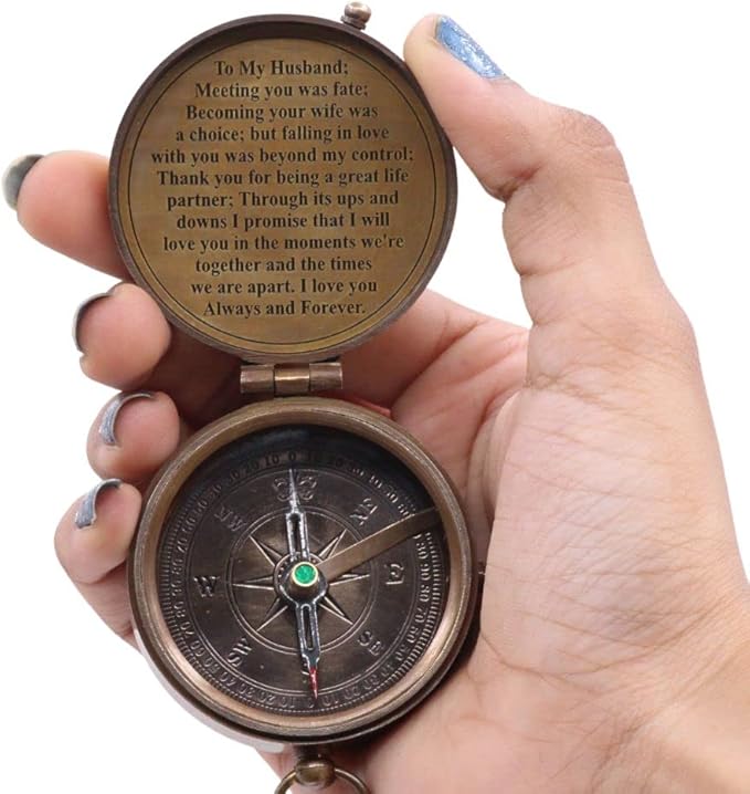 RII to My Husband I Love You, Brass Compass Engraved Gifts for Men, Bronze Gifts for Men, Romantic Gifts for Him/Her, Keepsake Gifts for Husband, 5th/25th 50th Wedding Gift Ideas