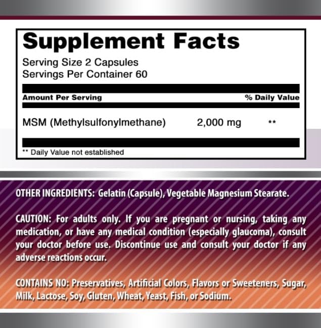 Amazing Formulas MSM (Methylsulfonylmethane) Supplement | 2000 Mg per Serving | 120 Capsules | Non-GMO | Gluten-Free | Made in USA