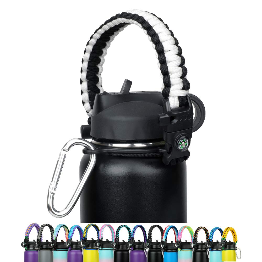 Paracord Handle - Fits Wide Mouth Bottles 12oz to 64oz - Durable Carrier, Paracord Carrier Strap Cord with Safety Ring,Compass and Carabiner - Ideal Water Bottle Handle Strap (White/Black)