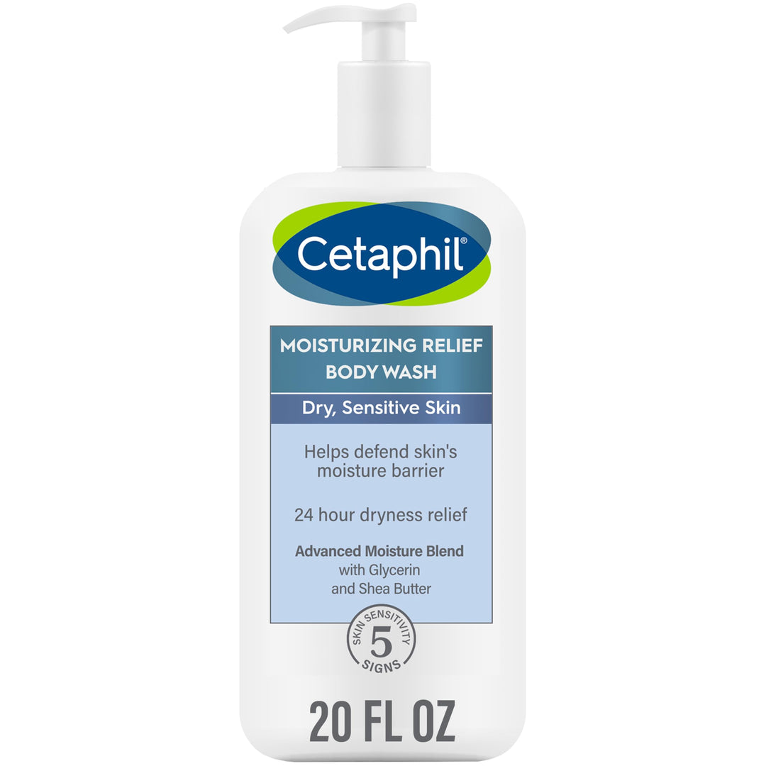 Cetaphil Body Wash, Moisturizing Relief Body Wash for Sensitive Skin, Creamy Rich Formula Gently Cleanses and Gives 24 Hour Relief to Dry Skin, Hypoallergenic, Fragrance Free, 20 oz